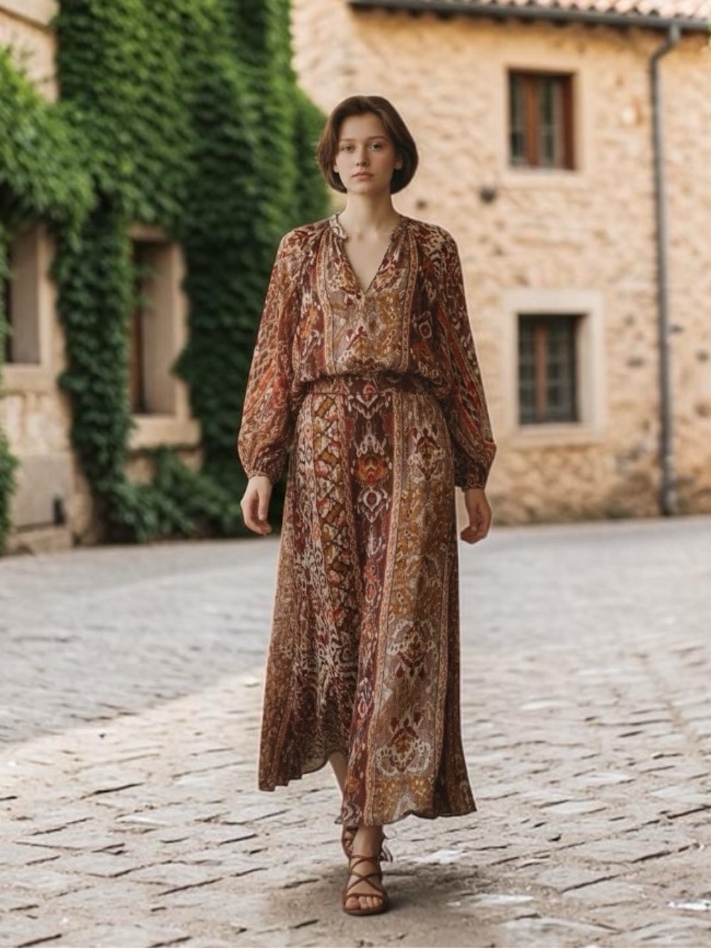 NWOT Boho Paisley Long Sleeve Blouse and Maxi Skirt Set